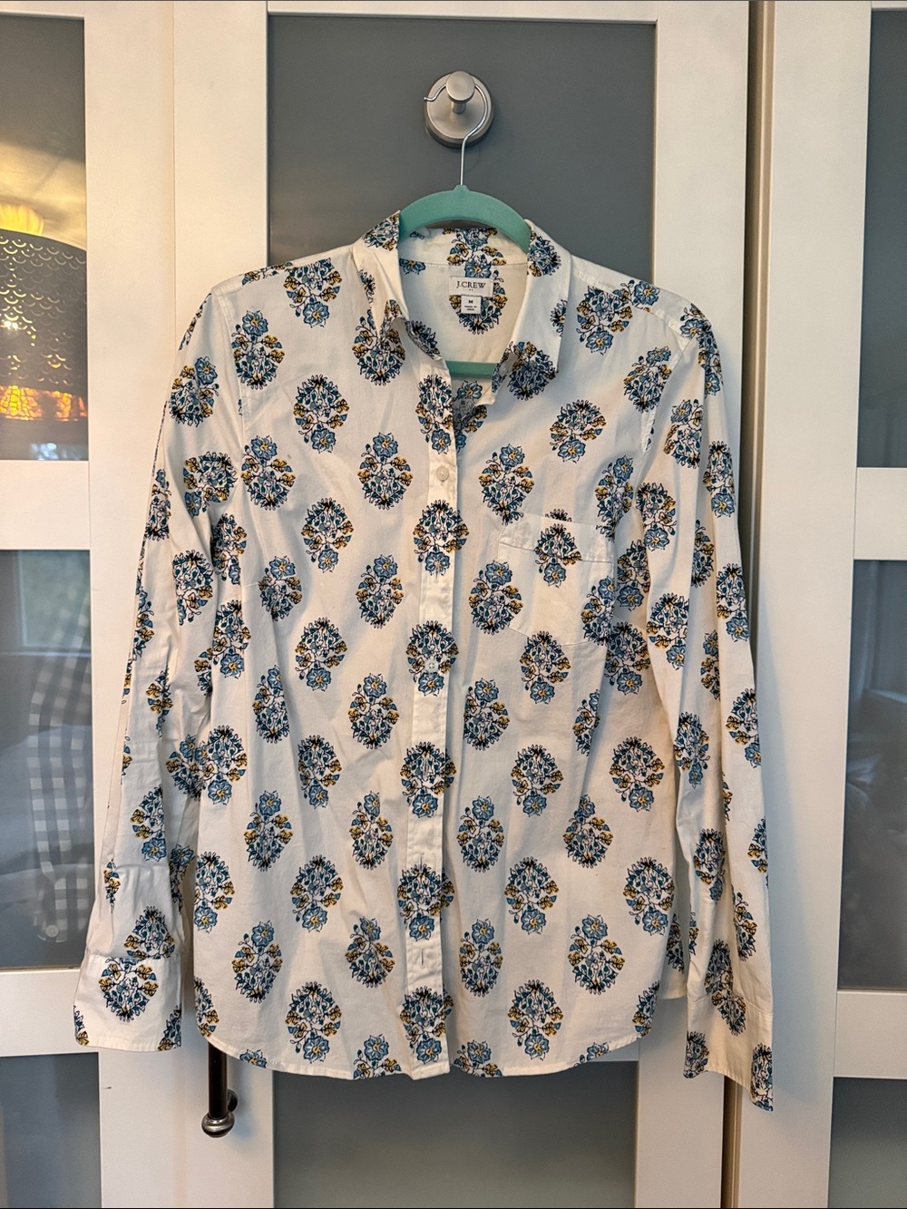 J. Crew White Button-Up Shirt with Blue and Yellow Floral Print Medium